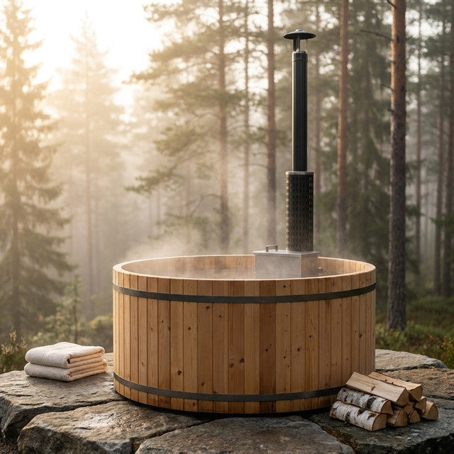 Wood Fired 4-Person to 5-Person 0-Jet Hot Tub and Ice Bath with Internal Stove Pine — Studio Shot